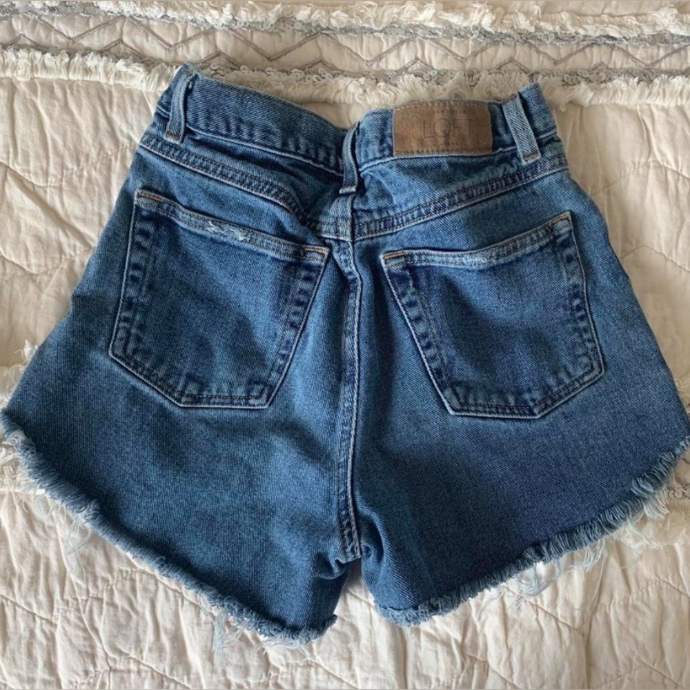 LOFT Medium Blue High-Rise Frayed Hem Jean Shorts